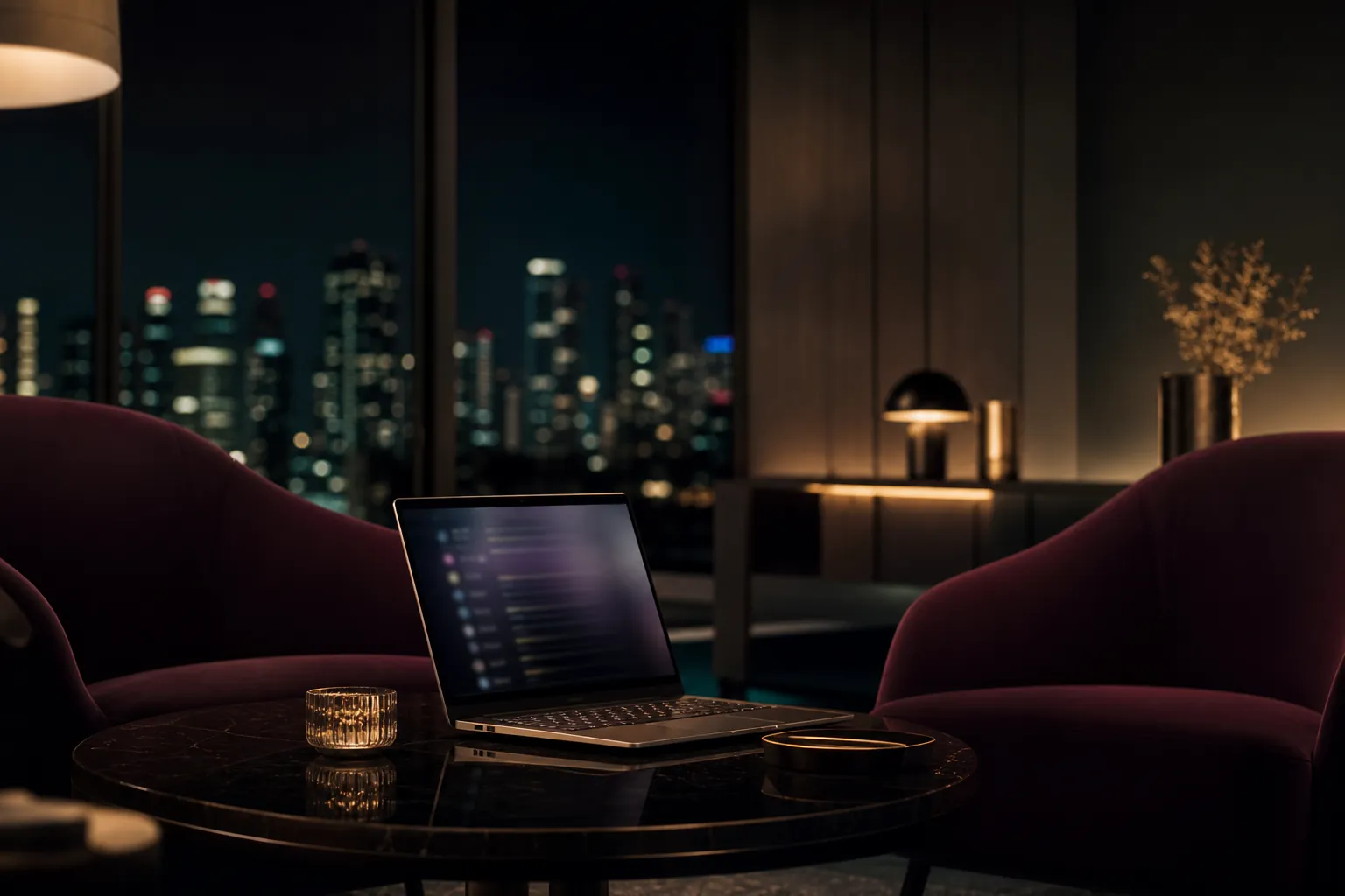 Sophisticated private lounge representing global online connection