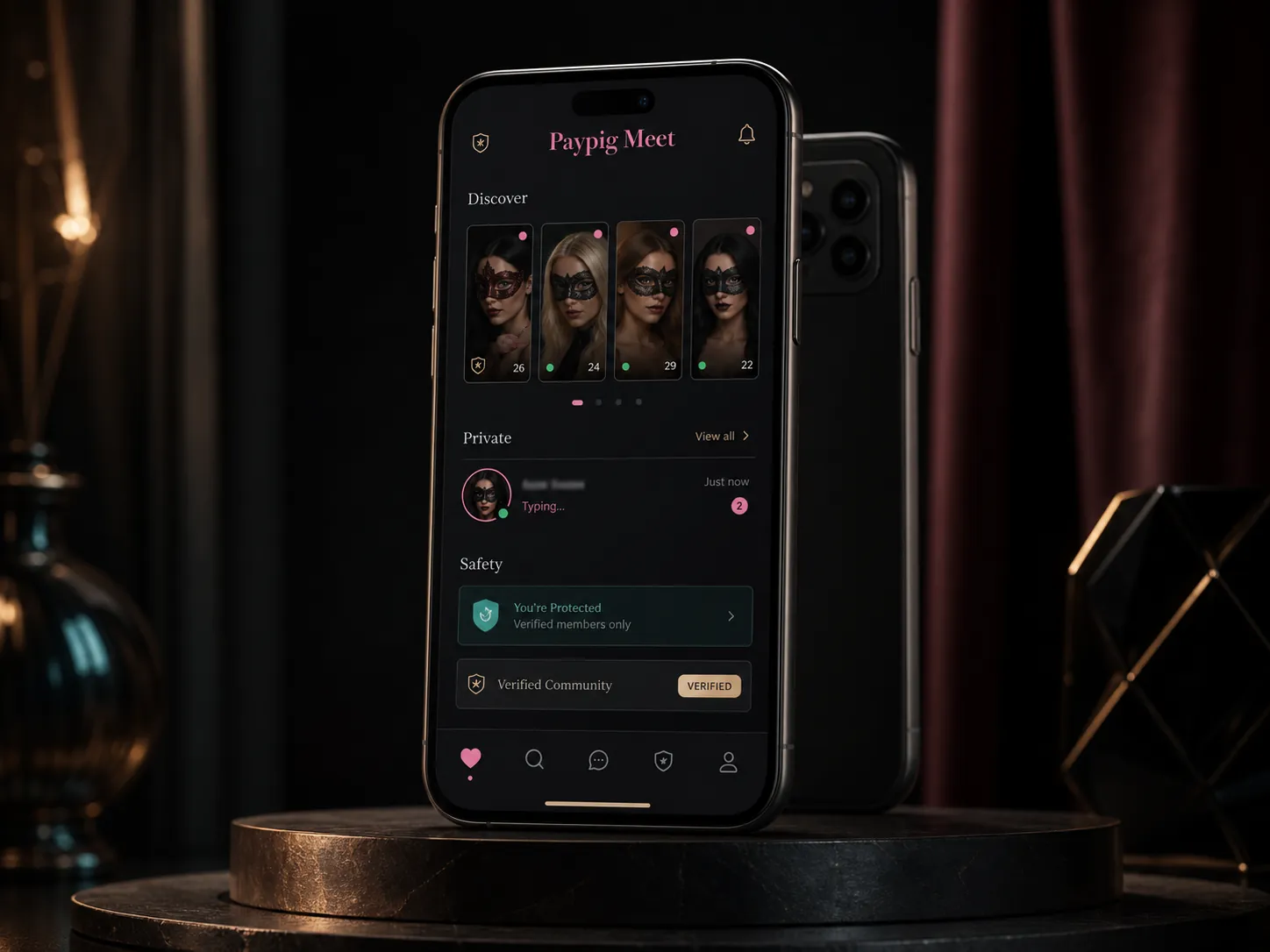 Paypig Meet mobile app shown on a premium black smartphone